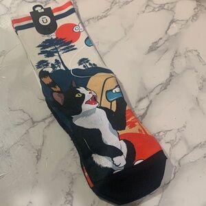 Graphic Cat Print Crew Socks - Black/White/Red